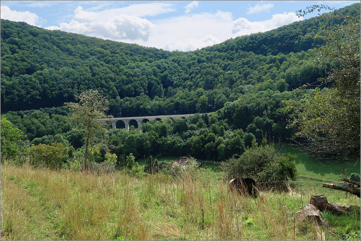 Das obere Filstal - 

bei wiesensteig. Ein weiterer Blick vom Naturschutgebiet 'Sterneck' übers Tal zum Steinbühlberg mit der Todsburgbrücke der A8.

10.08.2021 (M)