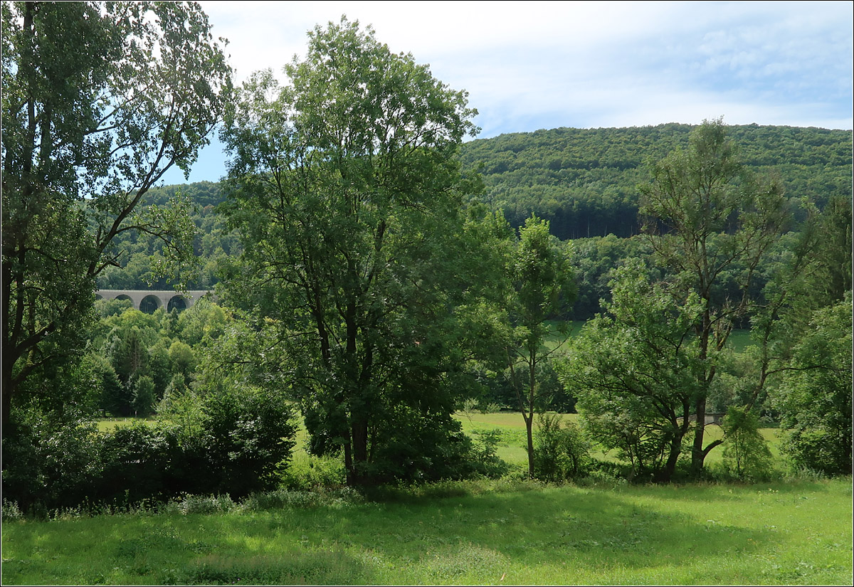 Das obere Filstal - 

Im Tal zwischen Mühlhausen und Wiesensteig. Links die Todsburg-Hangbrücke der A8.

10.08.2021 (M)