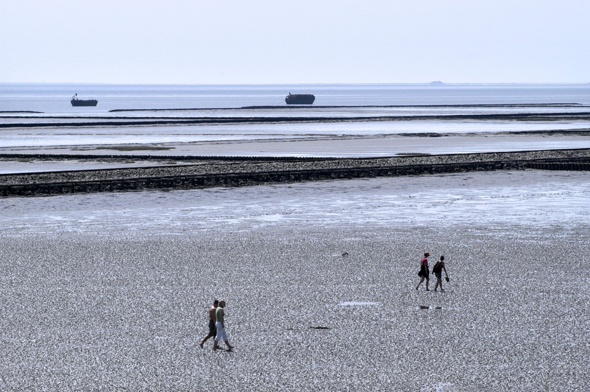 Das Wattenmeer bei Ebbe vom Deich bei Lüttmoorsiel aus gesehen. Im Vordergrund stehen Sie Wattwanderer auf dem weg nach Nordstrandischmoor. Im Hintergrund die Halligbahn nach Nordstrandischmoor und zwei Boote mit neuem Material für die Faschinen. Aufnahme: Mai 2008.