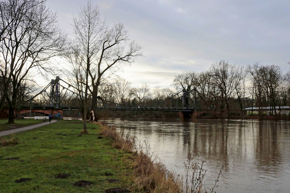 Derzeit führt die Saale Hochwasser, sodass die Warnstufe 2 bereits überschritten wurde. Blick auf die Saale an der Peißnitzbrücke. Aufgenommen von der Ziegelwiese. [6.1.2018 | 11:42 Uhr]