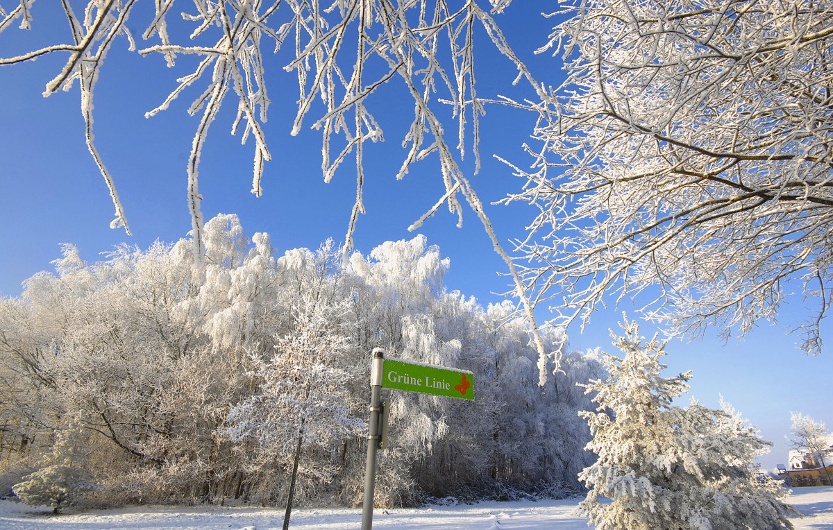 Die Grüne Linie verbindet Gartenstadt Weiche in Flensburg mit dem Stiftungsland Schäferhaus. Aufnahme: Dezember 2011.