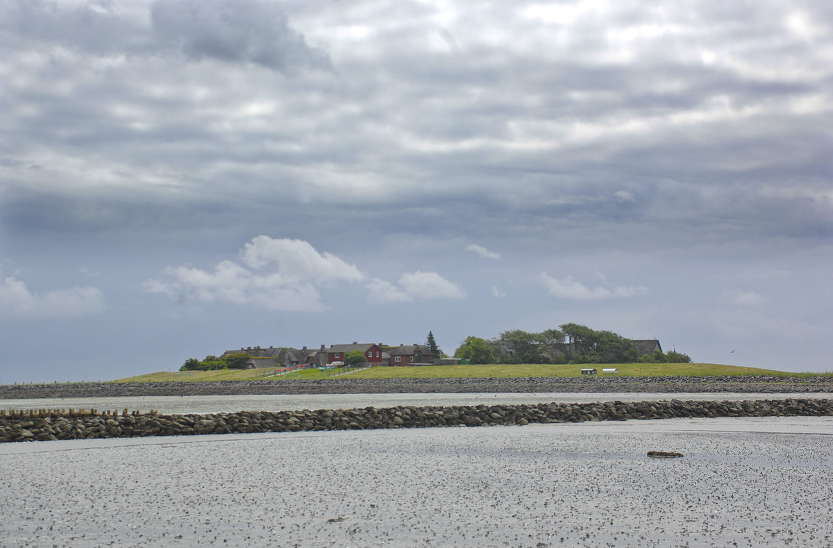 Die Hallig Land vom Wattenmeer aus gesehen. Die Halligen sind kleine, nicht oder nur wenig geschützte Marschinseln vor den Küsten, die bei Sturmfluten überschwemmt werden können. Sie liegen im nordfriesischen Wattenmeer an der Nordseeküste Schleswig-Holsteins. Aufnahme: 25. Juni 2017.