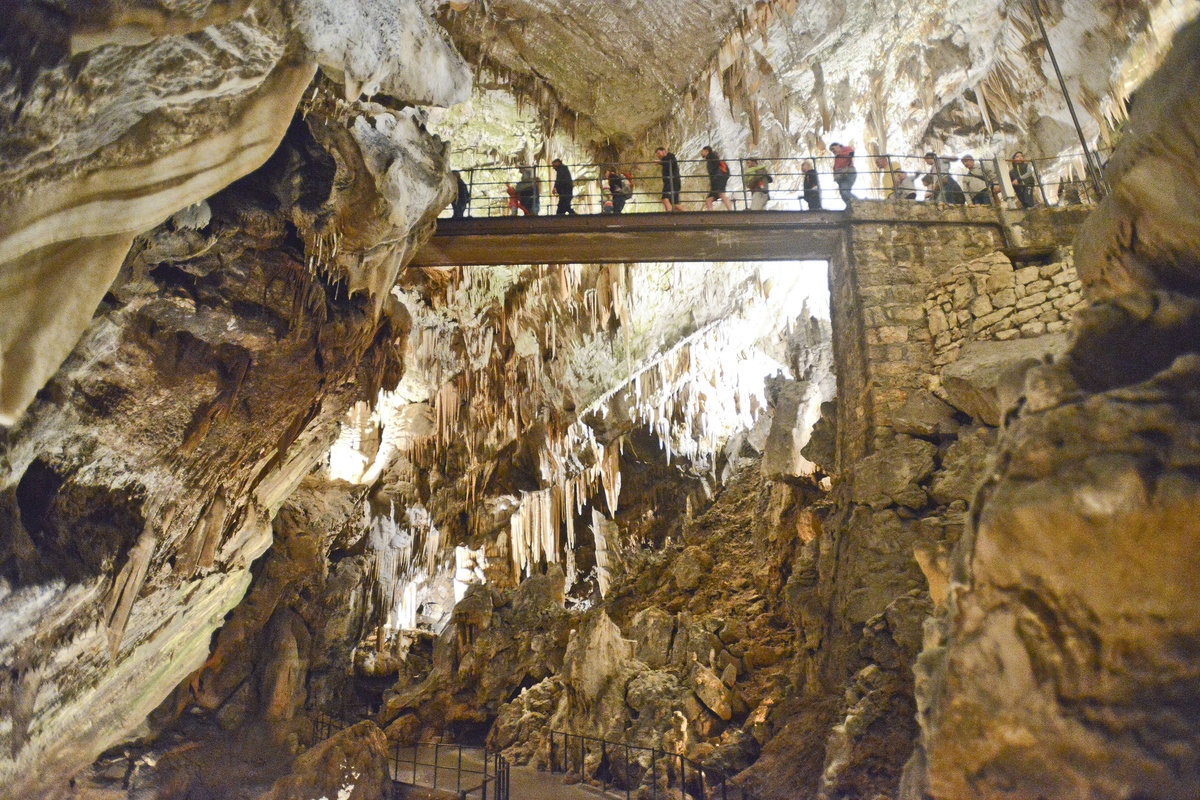 Die Höhle von Postojna in Slowenien. ist ein System von 20 Kilometer langen, mit Tropf¬steinen geschmückten Gängen, Galerien und Hallen- Aufnahme: 27. Juli 2016.