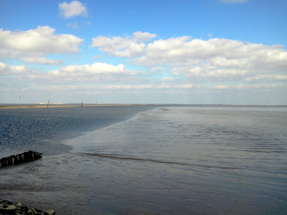 Die Nordsee , aufgenommen vom Hafen Neuharlingersiel am 13.03.2015
Rechts im Bild das Watt bei Ebbe , links die ausgebaggerte Fahrrinne für die Schifffahrt , im Hintergrund noch zu erkennen die Nordseeinsel Spiegeroog.