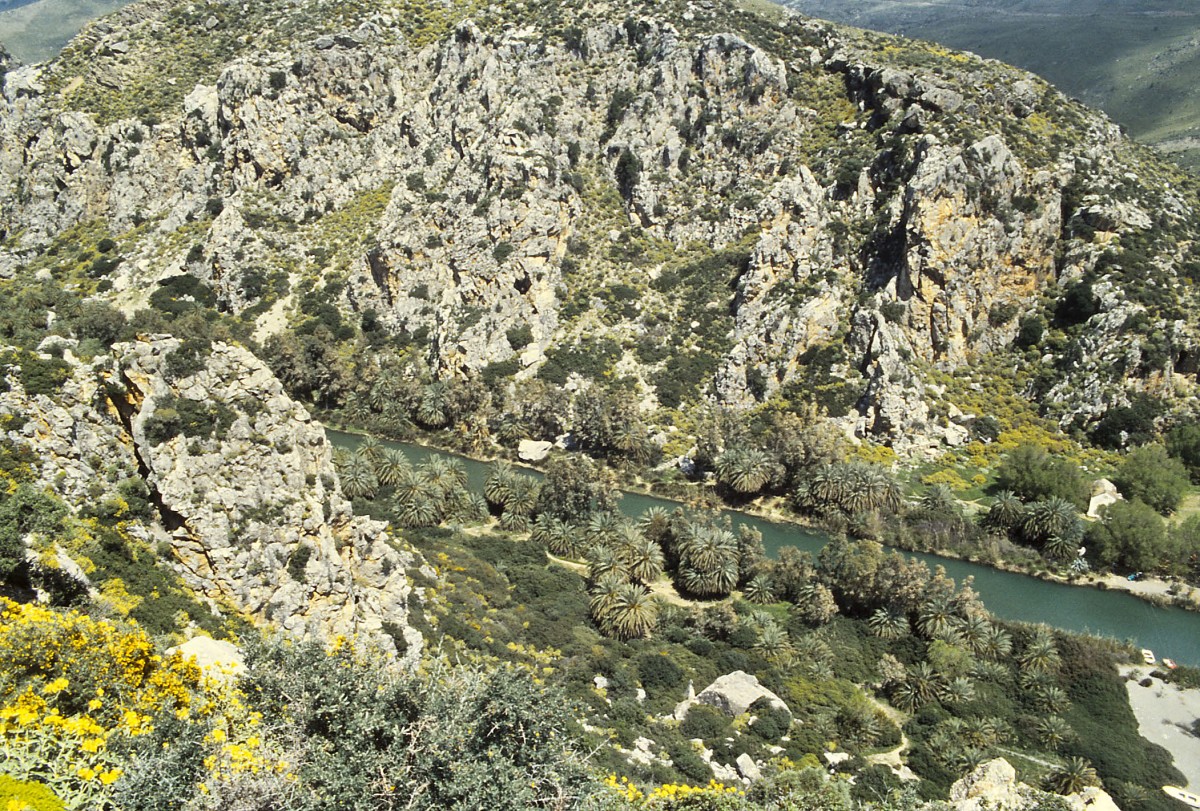 Die Schlucht von Preveli an der Südküste Kretas. Aufnahme: April 1999 (digitalisiertes Diapositiv).