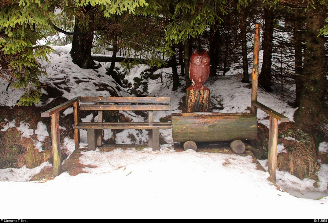 Eine zum Pausieren einladende Bank mit Holzeule befindet sich an der Königsbergloipe beim Brocken. Das Wetter ließ eine dortige Pause aber nicht zu. [10.3.2018 | 13:42 Uhr]