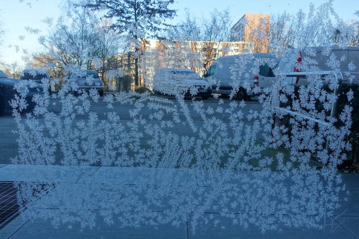 Eisblumen am 26.12.2021 am Fenster eines Treppenhauseinganges /