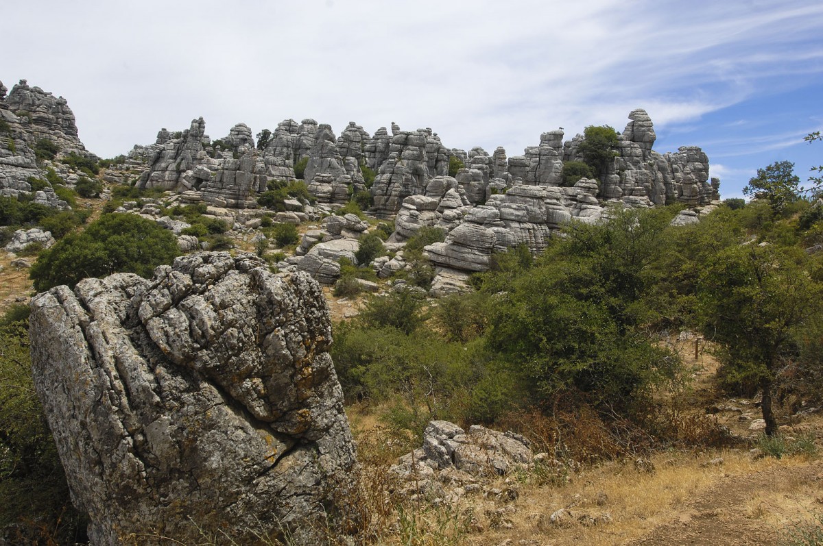 El Torcal (Paraje Natural Torcal de Antequera) ist ein 1171 ha großes Naturschutzgebiet im spanischen Andalusien. Mit seinen außergewöhnlichen Karstformationen gehört der Park zu den beeindruckendsten Landschaften Spaniens. Aufnahme: Juli 2014.