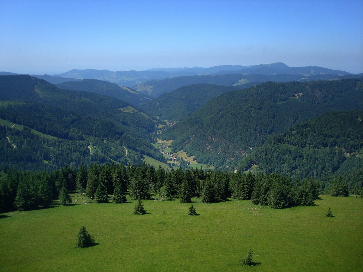 Feldberg, Blick Richtung Sd-West ins Wiesental, rechts am Horizont der 1414m hohe Belchen, Juli 2015