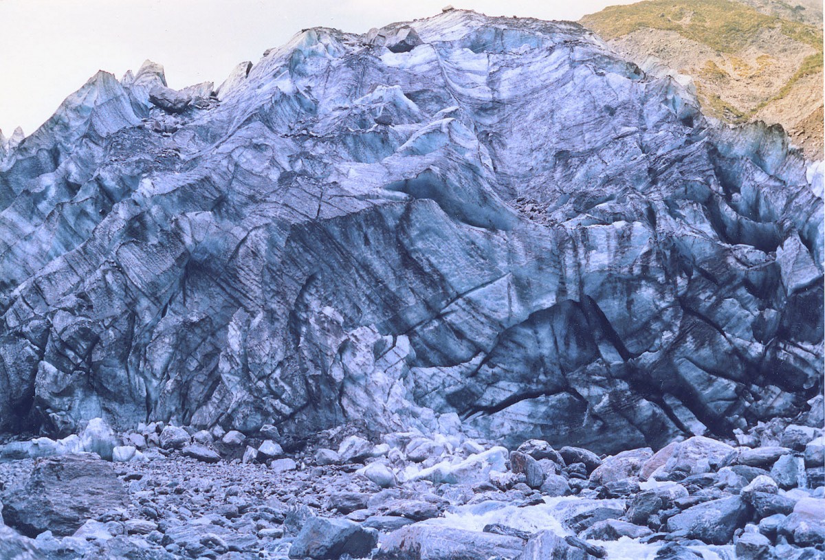 Fox Glacier auf der Südinsel von Neuseeland. Aufnahme: Februar 1987 (digitalisiertes Negativfoto).