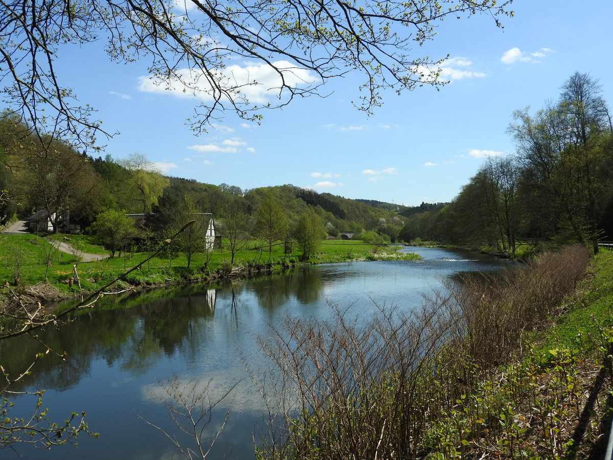 Frühling im Siegtal zwischen BETZDORF und WISSEN am  Vatertag ,5.5.2016-
rechts neben der Sieg verläuft die B62,zum Bauernhof am linken Ufer führt eine
schmale Hängebrücke und im Hintergrund erkennt man ein kleines Viadukt der
Bahnstrecke SIEGEN-KÖLN-AACHEN-nicht umsonst ist die Bundesstrasse 62 hier als
 Sieg-Freizeitstrasse  ausgewiesen....