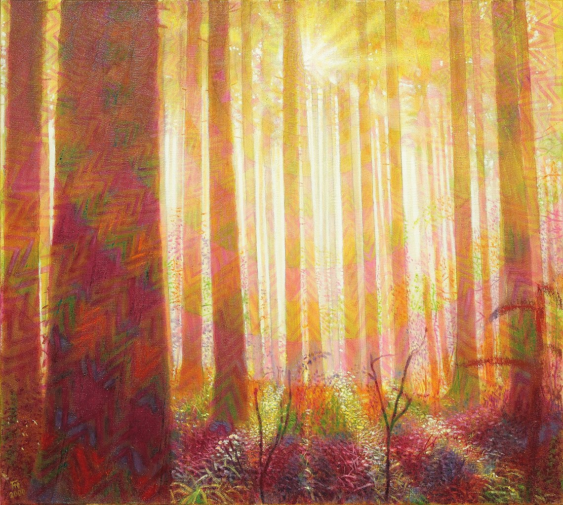  Frühlingswald , Öl auf überklebter Leinwand, 2000, 90 x 100 cm; Sonne in Waldstück zwischen Kästeklippe und Bad Harzburg...