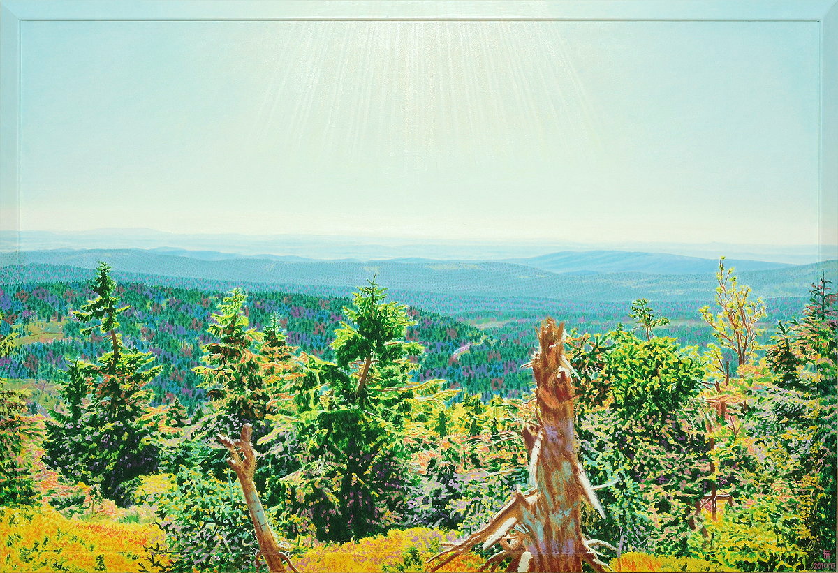  Frühsommerurwaldweite , Gemälde: Öl auf Baumwolle + Holz (-Rahmen), 2010, 86 x 126 cm; Blick vom Gipfelrundweg auf dem Brocken Richtung Südwesten bis zum Hohen Meißner und den Kasseler Bergen in Hessen am Horizont...