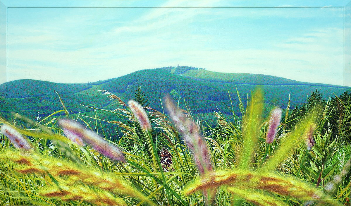  Frühsommerwurmberg , Gemälde: Öl, Ölpastell auf Baumwolle + Holz (-Rahmen), 2019, 86 x 146 cm; Blick vom Bahnparallelweg bei Schierke auf das Wurmbergmassiv...