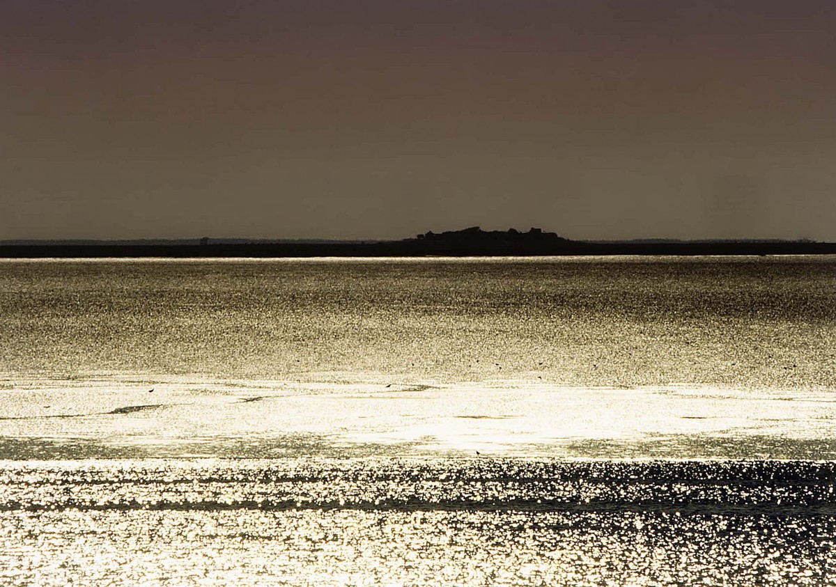 Hallig Gröde in Abendlicht von der Fähre Hhoge-Dagebüll aus gesehen. Aufnahme: Mai 2000 (Bild vom Dia).