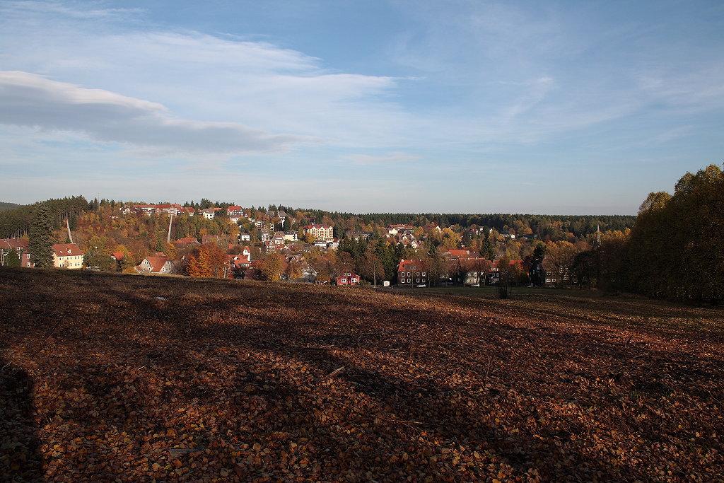 Herbstabend in Braunlage: Blick von der Allee entlang der Rathaus-Skiwiese; Aufnahme vom spten Nachmittag des 22.10.2013...