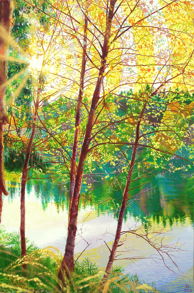  Herbstabendsonne über Silberteich , Gemälde: Öl, Goldpastell auf Baumwolle, 2014 - 2016, 120 x 80 cm