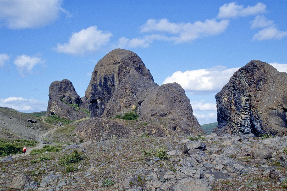 Hljóðaklettar an der Jökulsá á Fjöllum östlich von Húsavík in Island. Bild vom Dia. Aufnahme: August 1995.