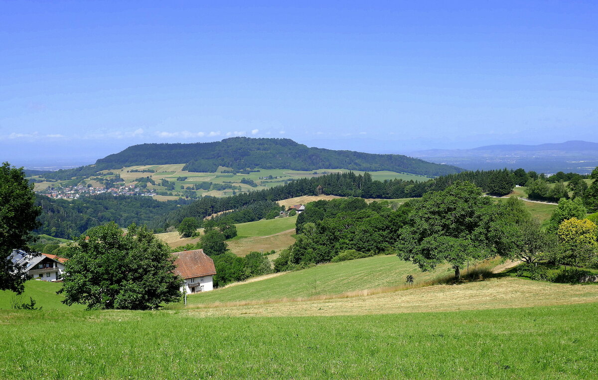 Horben im Schwarzwald, Blick vom Ort zum 644m hohen Schönberg, ganz rechts am Horizont der Kaiserstuhl, Juni 2022