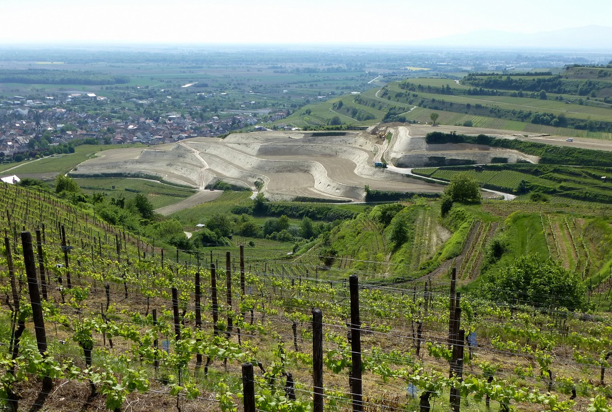 Ihringen am Kaiserstuhl, der Blick vom Lenzenberg auf die  Flurneuordnung  zeigt die Ausmae dieser (un-)ntigen Eingriffe in die Natur, das Projekt wird von der EU mitfinanziert(natrlich mit unseren Steuergeldern), Mai 2014