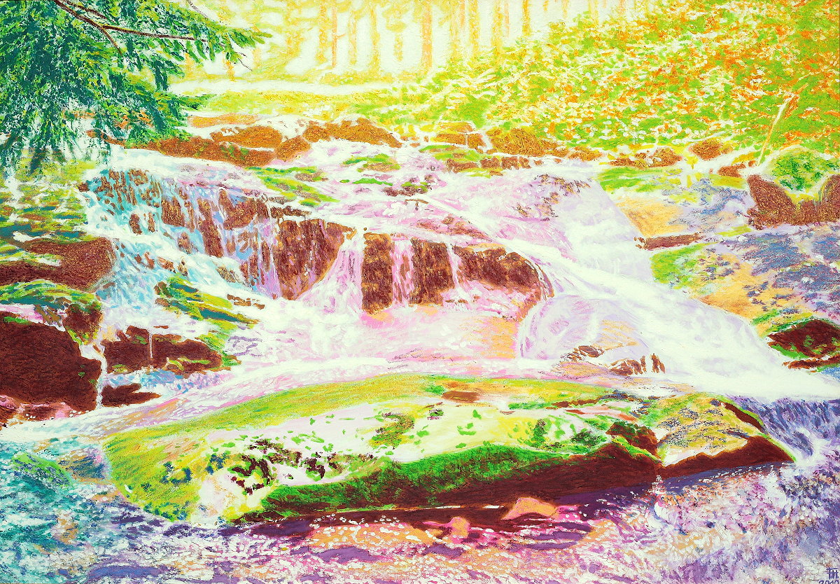  Ilsefälle I , Gemälde: Öl, Ölpastell auf Holz, 2010, 70 x 100 cm; die treppenartigen Wasserfälle der Ilse vom Heinrich-Heine-Weg zwischen Ilsenburg und Brocken aus gesehen...