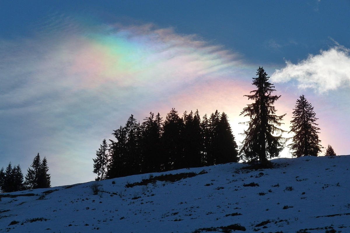 Irisierende Wolken über dem 1370 m hohen Lank, einem Berg im Bregenzerwald, am 10.01.2015