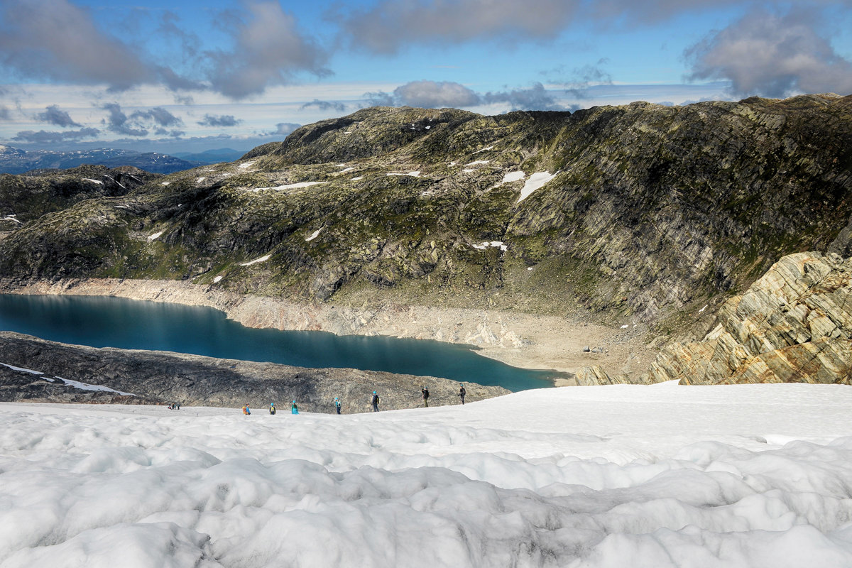 Jukladalsvatnet am Folgefonna-Gletscher in Norwegen. Aufnahme: 6. Juli 2018.