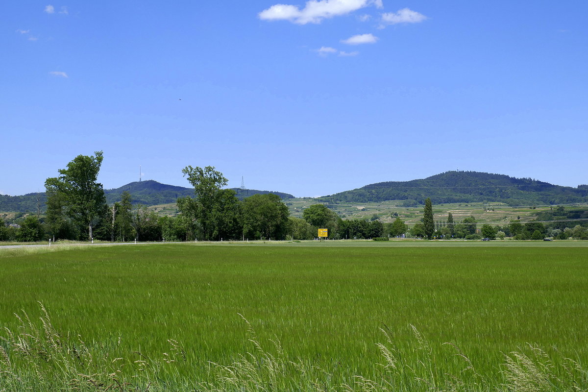 Kaiserstuhl, Blick aus der Rheinebene von Osten auf die Kaiserstuhlberge, links der Totenkopf, rechts die Eichelspitze, Mai 2020