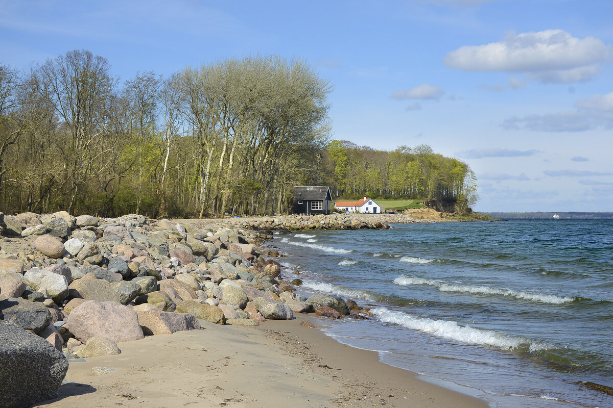 Küstengebietam Gendarmenpfad bei Frydenlund auf der Halbinsel Broagerland (Nordschleswig/Sønderjylland). Der Gendarmenpfad ist eine Wanderstrecke von 84 Kilometer, die in der Grenzstadt Padborg beginnt und entlang der dänischen Seite der Flensburger Förde, durch Sønderborg bis zur kleinen Ortschaft Skovby auf der Insel Als entlangführt.Aufnahme: 22. April 2024.