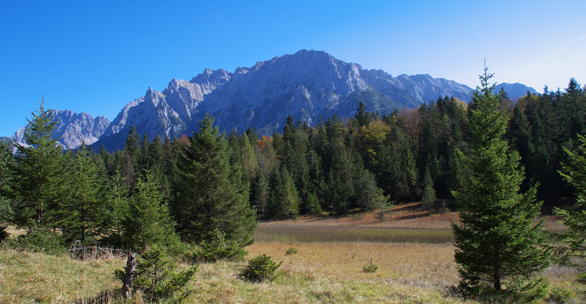 Kurz vor dem Lautersee in Mittenwald bietet sich dem Wanderer dieser Blick auf das Karwendelgebirge. 09.10.2014