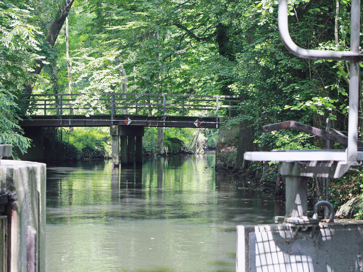 Landschaft an einer mechanischen Schleuse im in der Hauptspree bei Lübben  am 12. Juni  2019.