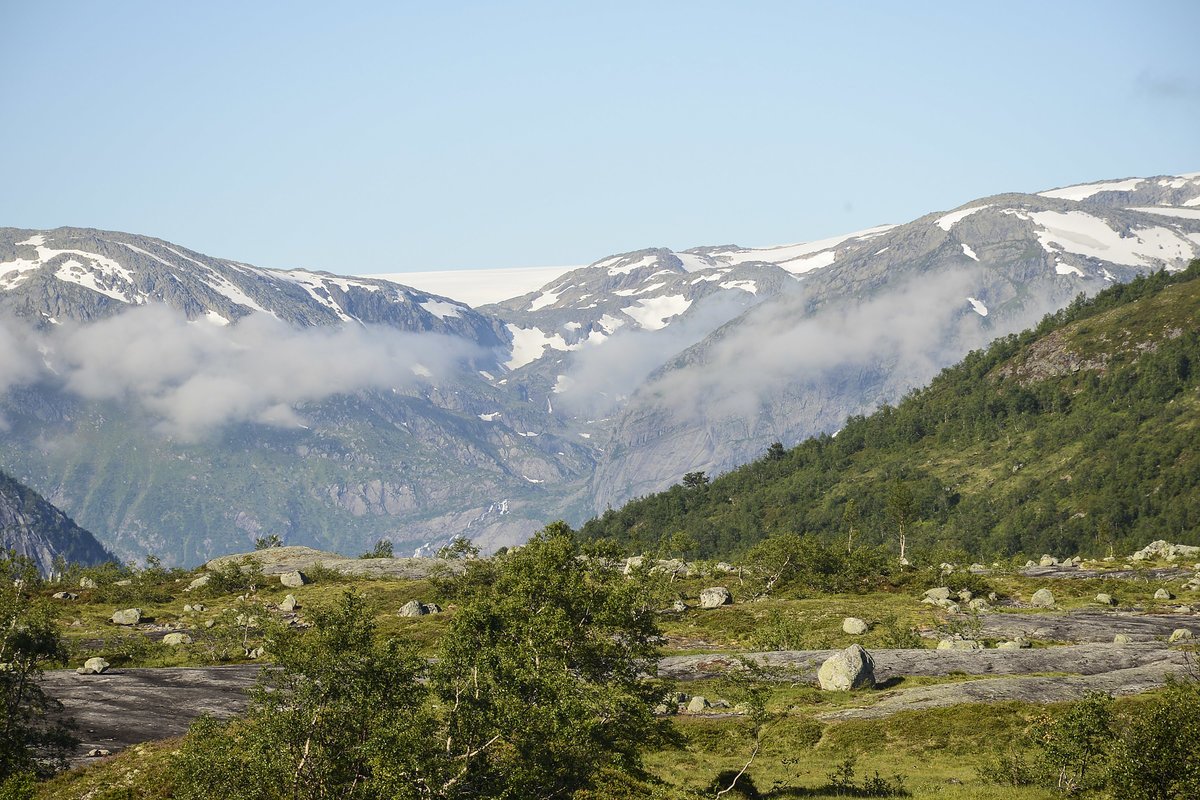 Landschaft nördlich von Skjeggedal (Norwegen). Aufnahme: 8. Juli 2018.