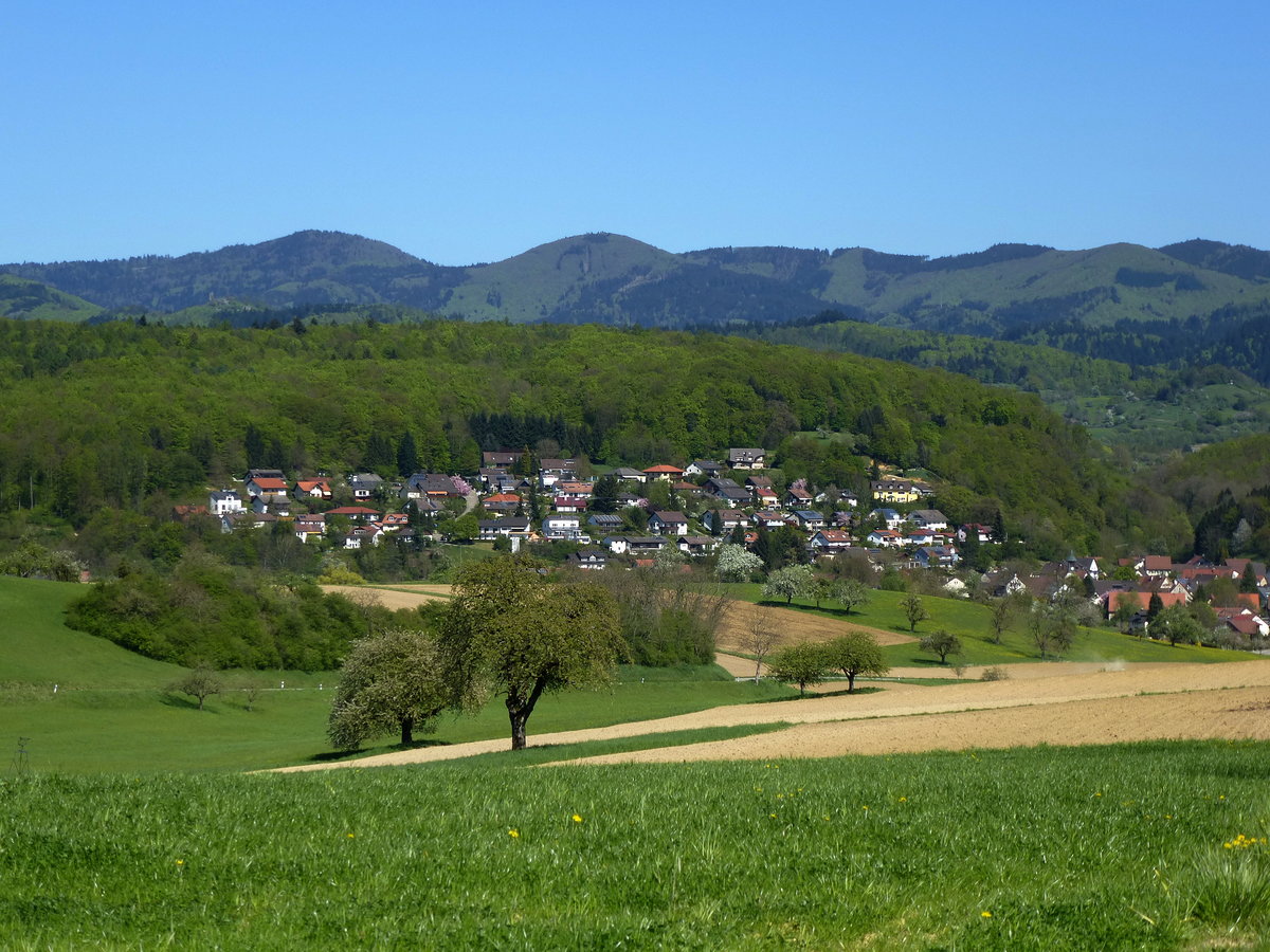 Landschaft im sdlichen Schwarzwald, mit Blick auf den Ort Riedlingen, April 205