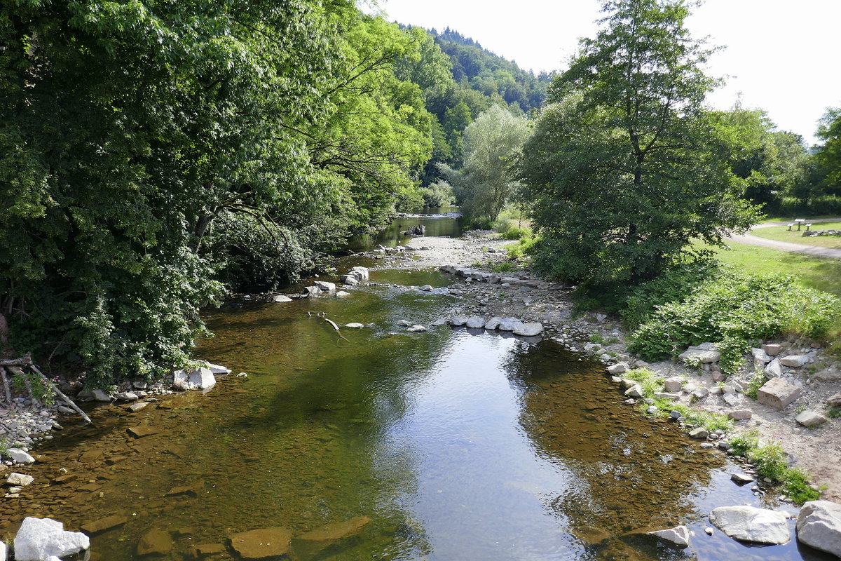 Maulburg, Blick von der Waldstraßenbrücke über die Wiese flußaufwärts, Juli 2020