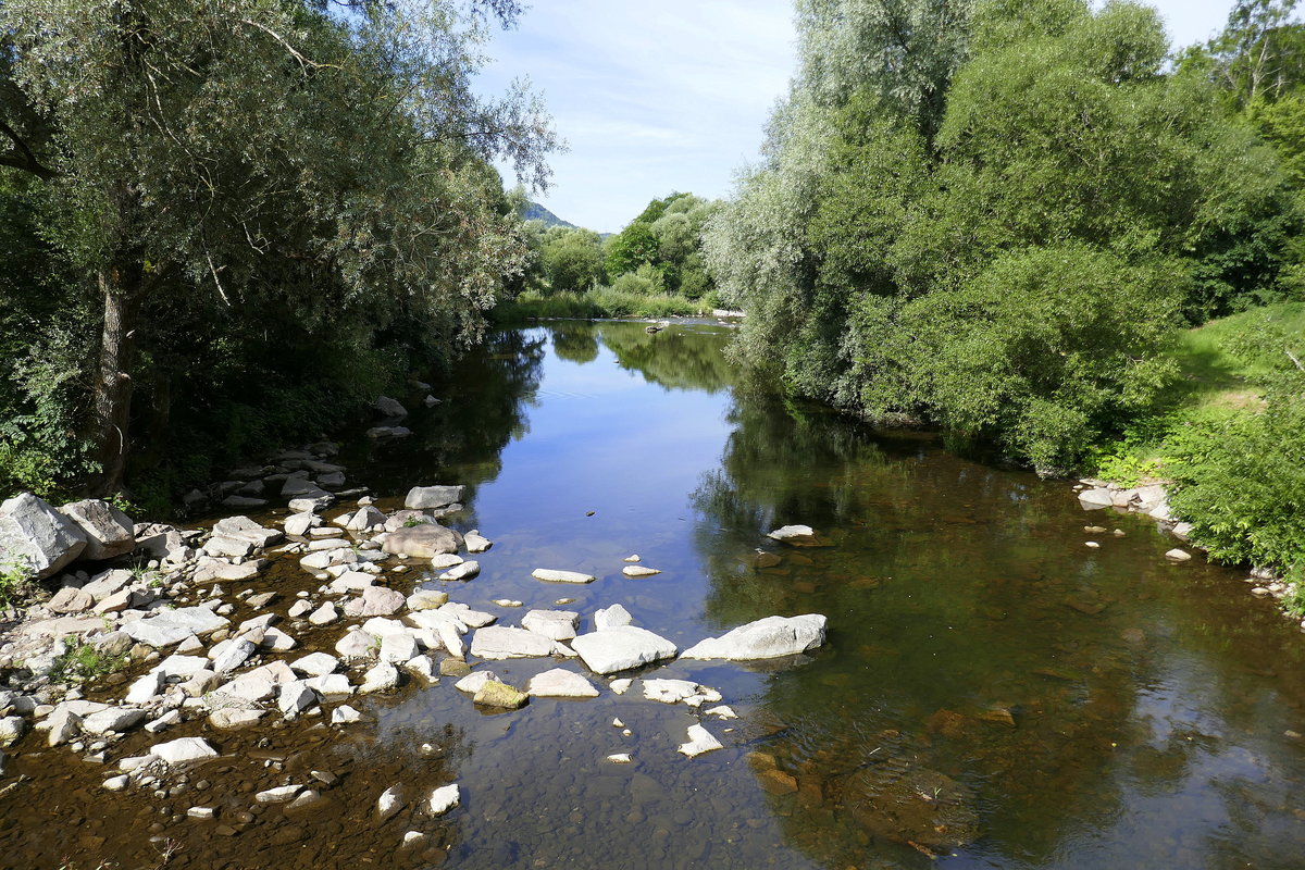 Maulburg, Blick von der Waldstraßenbrücke über die Wiese, flußabwärts, Juli 2020