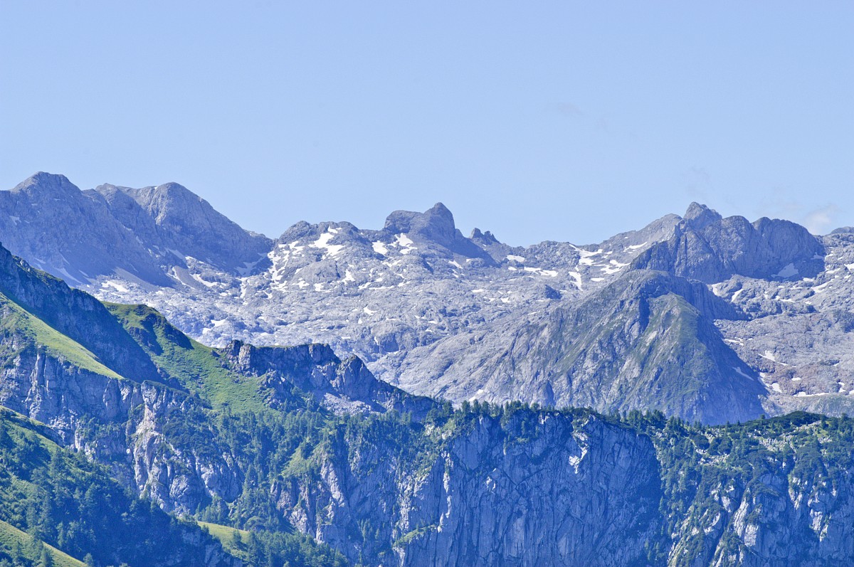 Nationalpark Berchtesgaden vom Jennerberg aus gesehen (in südlichter Richtung). Aufnahme: Juli 2008.