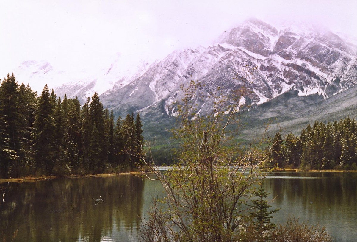 Neuschnee im Mai: Lake Minnewanka im Banff National Park. Aufnahme: Mai 1987 (digitalisiertes Negativfoto).