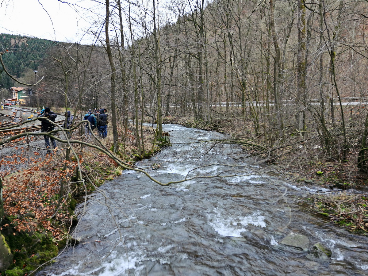 Noch regenfreier Blick von einer Brücke über die Bere in Richtung Bahnhof Eisfelder Talmühle am 30. Januar 2016. 