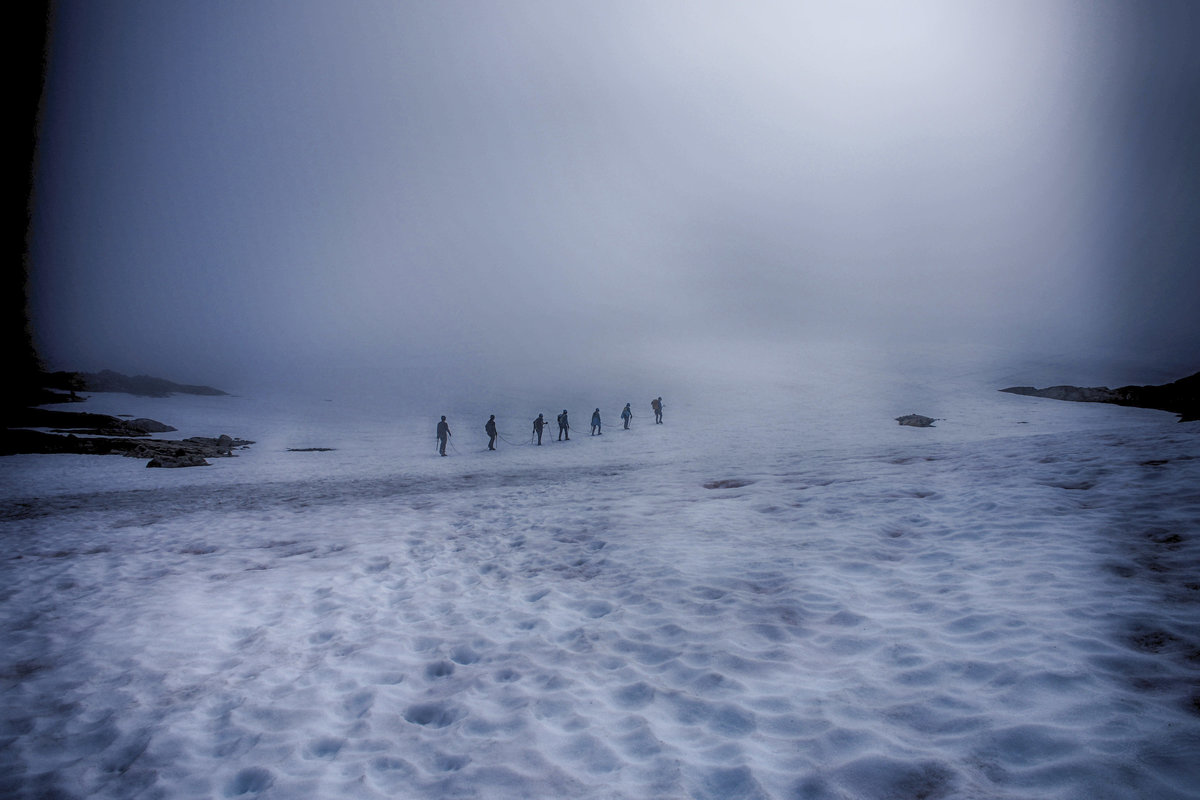 Norwegen - Der Folgefonna Gletscher (Der Juklavass-teil) im dicken Nebel. Aufnahme: 6. Juli 2018.