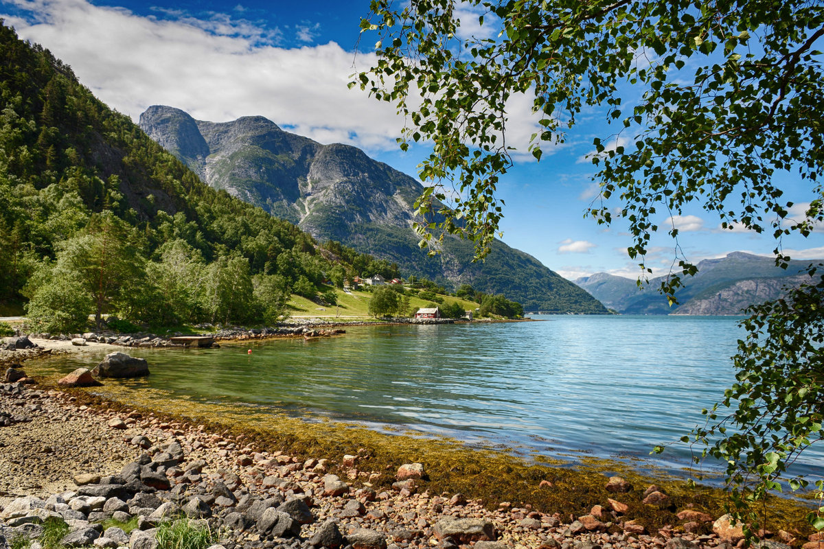 Norwegische Fiordlandschaft an Ulvik. Aufnahme: 9. Juli 2018.