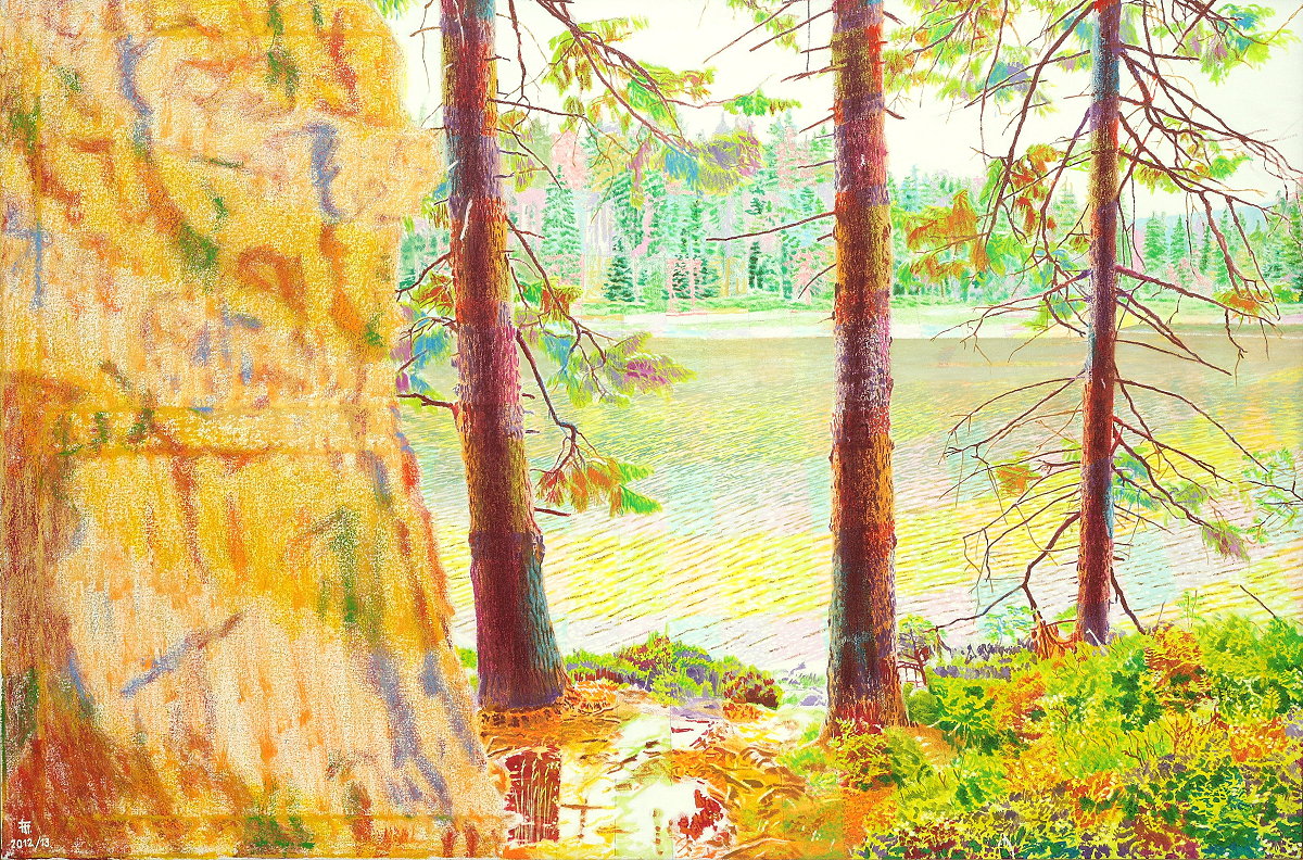  Oderteichsommer , Gemälde: Öl auf Baumwolle, 2013, 80 x 120 cm; Sommernachmittag am Oderteich im Nationalpark Harz...