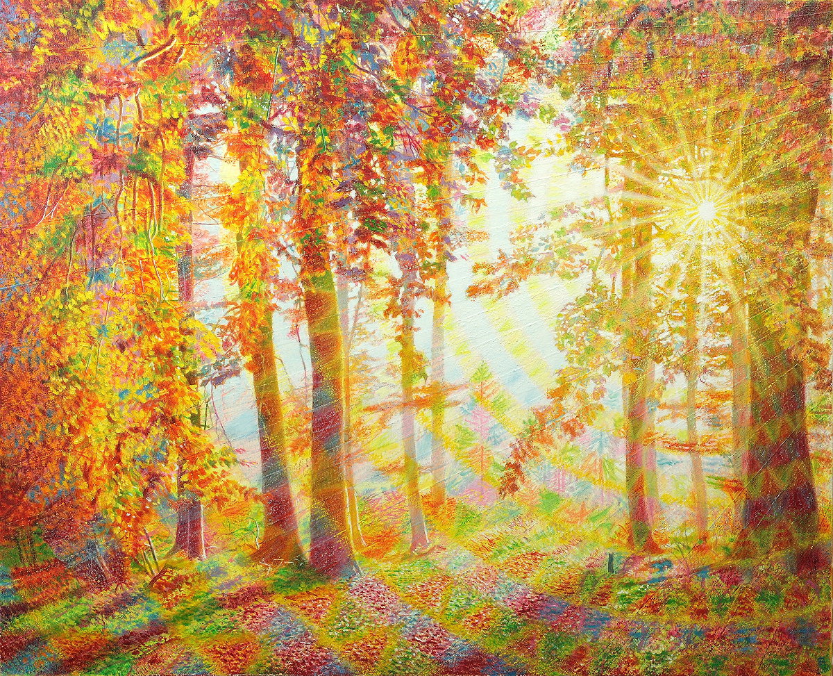  Oktobersonne , Öl auf überklebter Leinwand, 2000, 110 x 135 cm; Buchenwald im nördlichen Saarland...