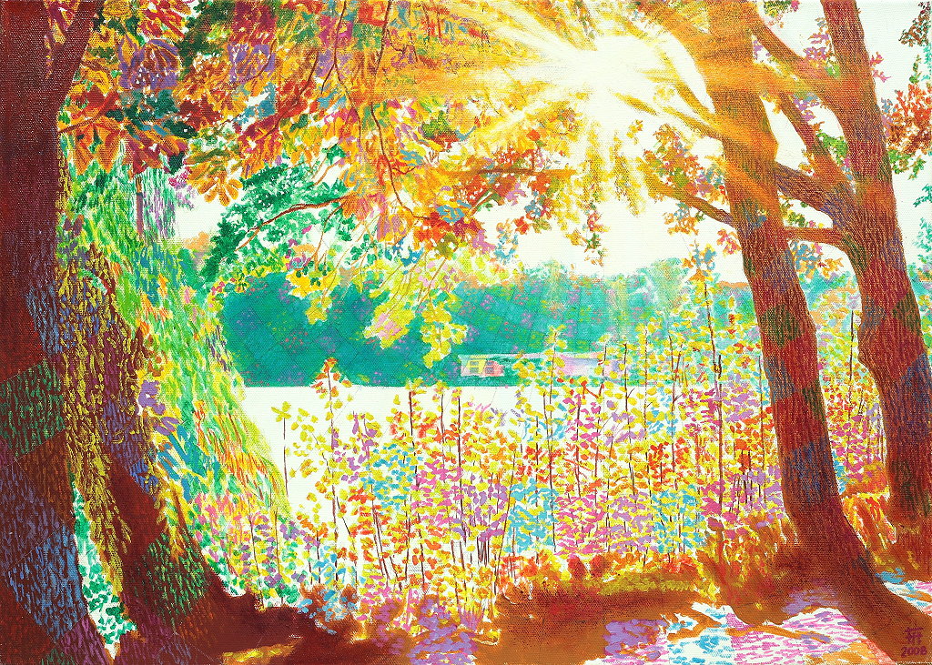  Oktobersonnenbäume II , Gemälde: Öl auf Baumwolle, 2008, 50 x 70 cm; Oktoberstimmung 2005 im Jungfernheidepark in Berlin...