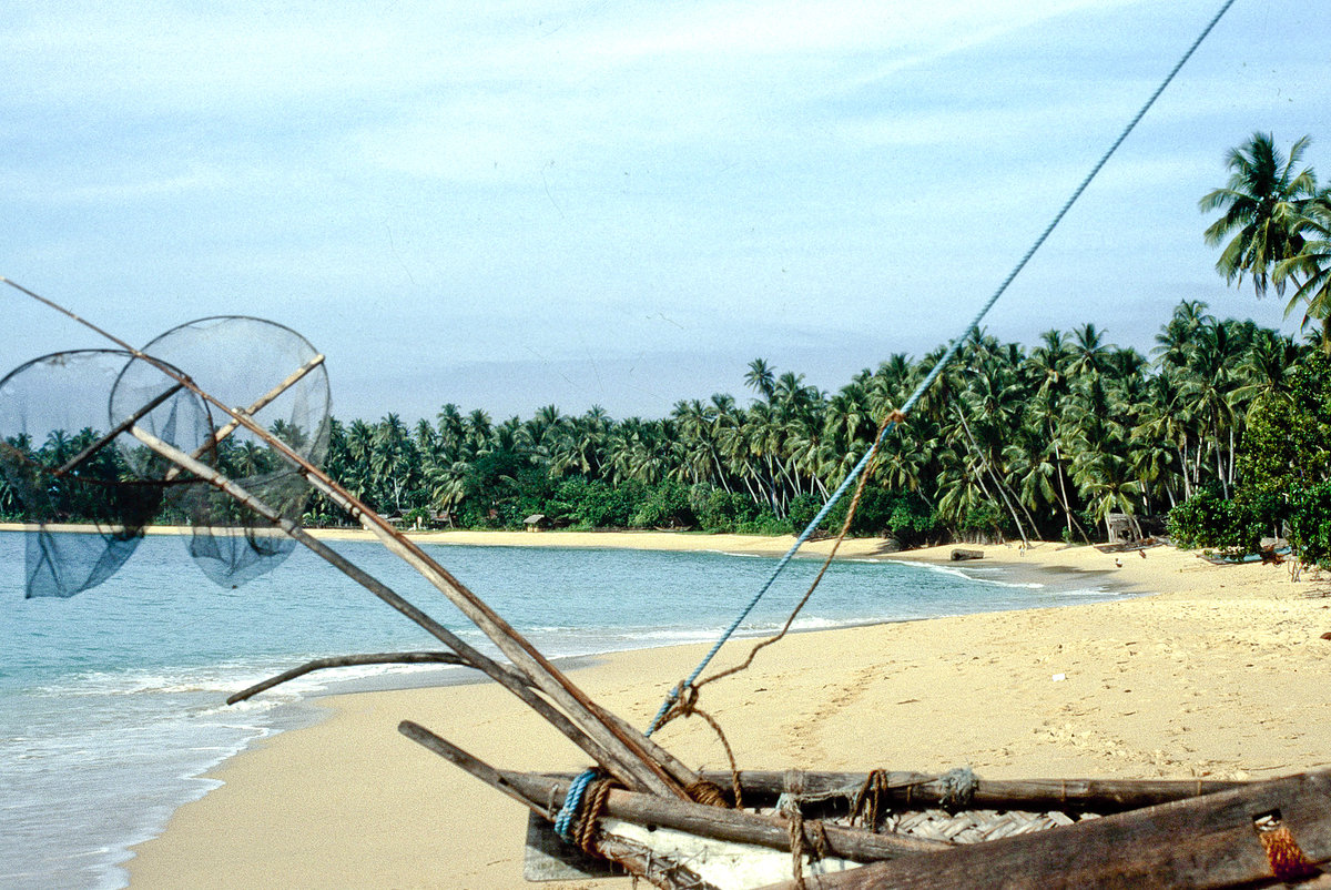 Palmenstrand vor Unawatuna südlich von Galle. Bild vom Dia. Aufnahme: Januar 1989.
