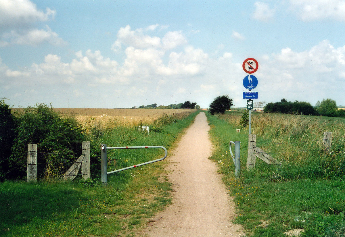 Radweg auf der ehemaligen Eisenbahnstrecke Skive-Glyngøre auf der Halbinsel Salling (vom Analogfoto). Aufnahme: Juli 2003.