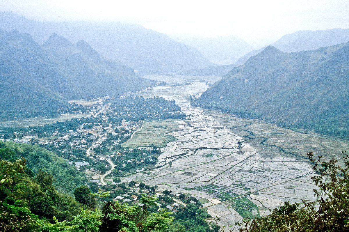 Reisfelder und Berge bei Mai Chau westlich von Hanoi. Bild vom Dia. Aufnahme: Januar 2001.