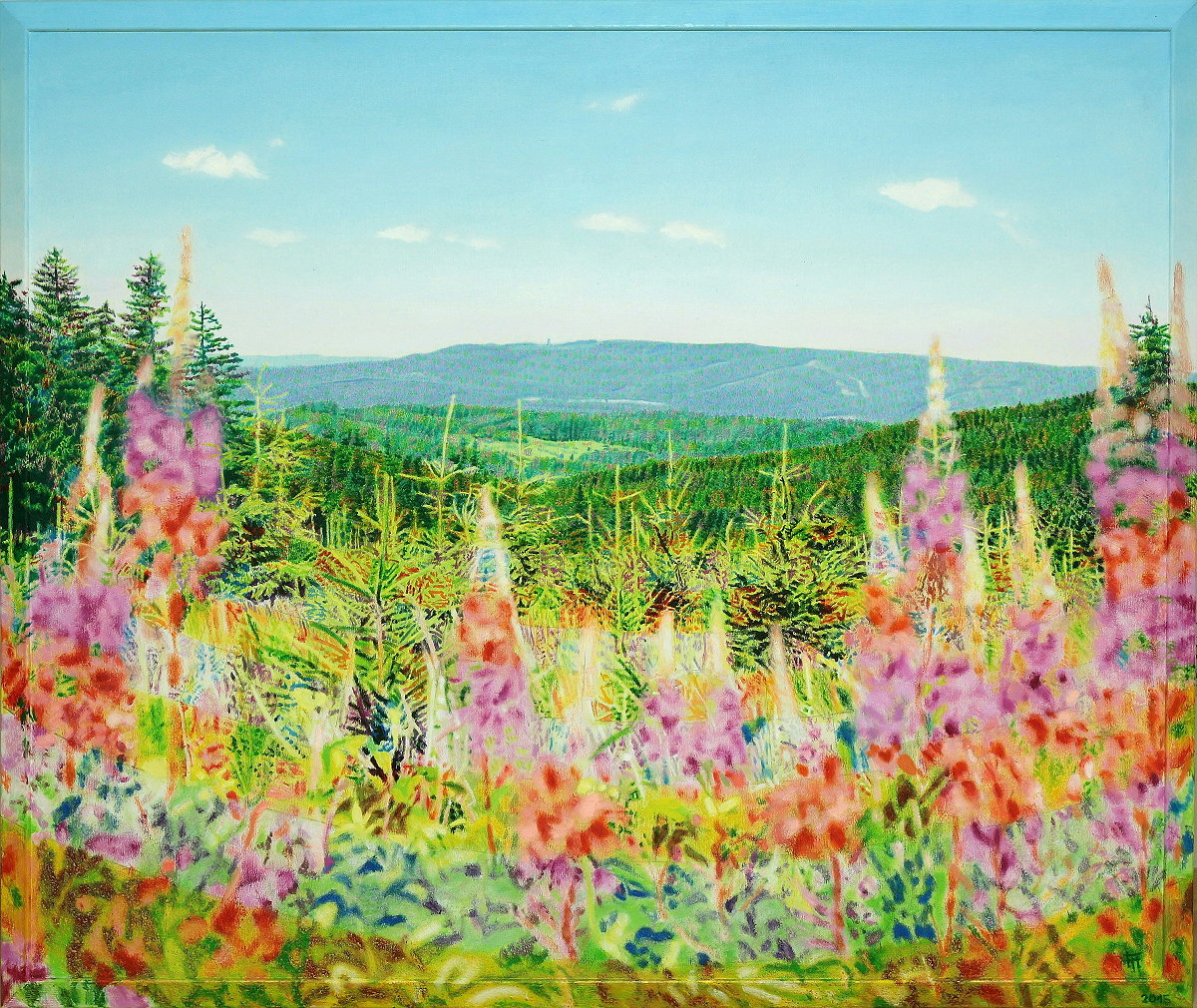  Schalkebergblumen , Öl auf Baumwolle + Holz (-Rahmen), 2015, 106 x 126 cm; Harzhochfläche mit Blumen des Roten Fingerhuts und dem Berg  Schalke  im Hintergrund; bitte auch mit ca. 2 - 3 m Abstand vom Bildschirm betrachten...