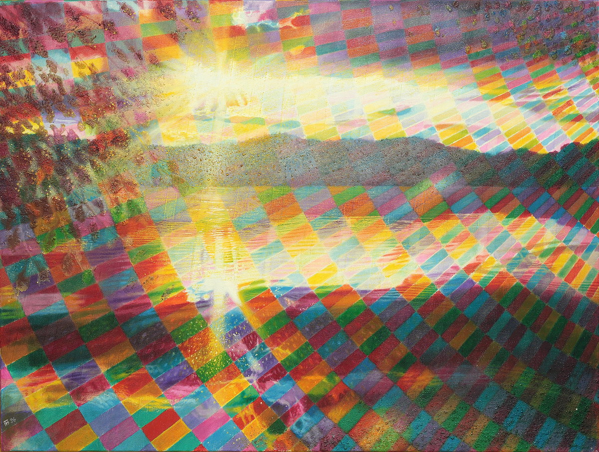  See am Abend , Öl, Sand auf überklebter Leinwand, 1996, 120 x 160 cm; nach einem Foto gemalt, das ich in Buckow in der Märkischen Schweiz kurz vor Sonnenuntergang am Ufer des Schermützelsees aufgenommen habe...