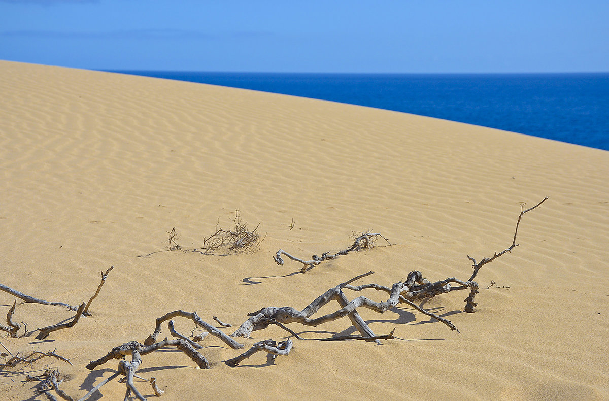 Seeblick von den Wanderdüne »El Cable« auf der Insel Fuerteventura in Spanien. Aufnahme: 18. Oktober 2017.