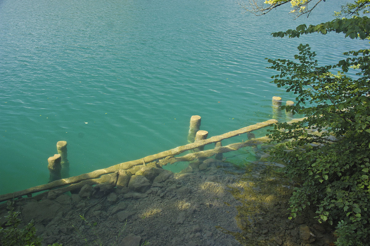 Smaragdgrünes Wasser im Bleder See (slowenisch: Blejsko jezero) in Slowenien. Aufnahme: 2. August 2016.